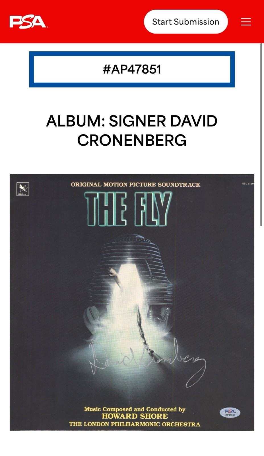 David Cronenberg Signed The Fly Soundtrack LP Vinyl Howard Shore Score PSA COA