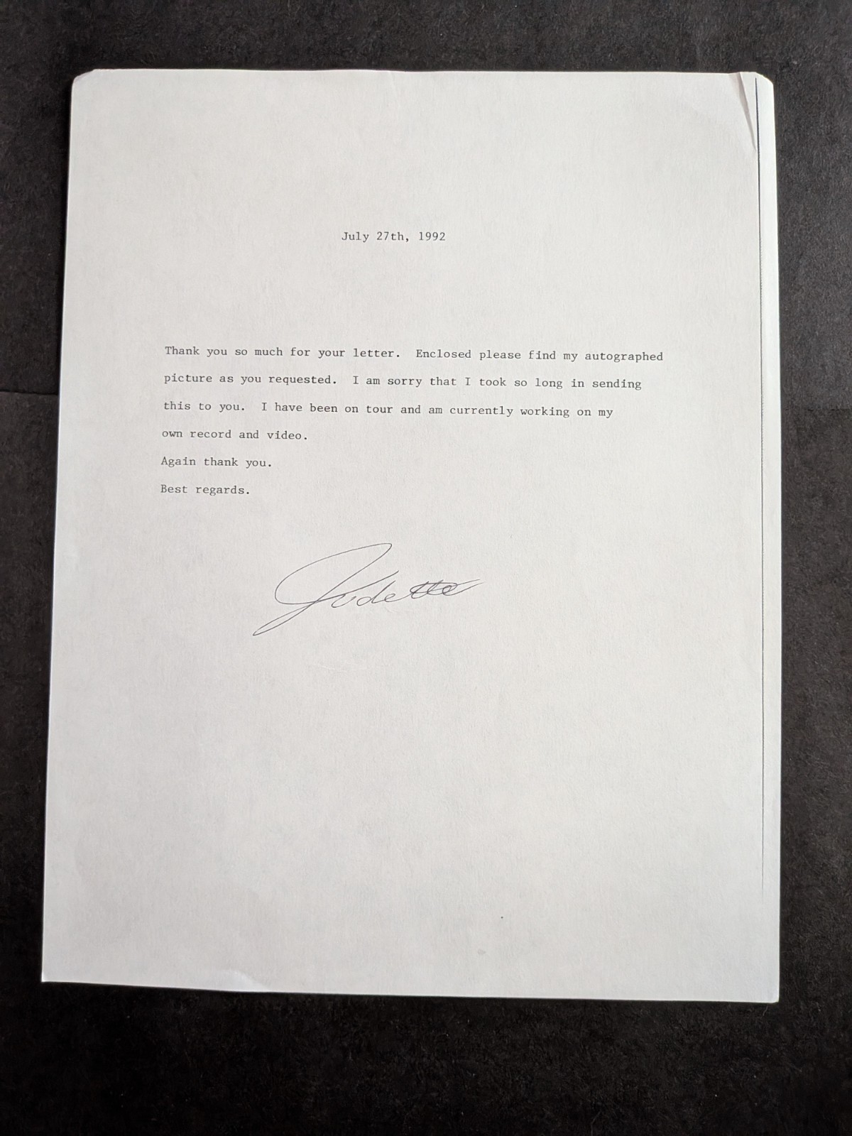Judette Warren Signed 1992 Letter – Showgirls, Sleepwalkers, Family Matters