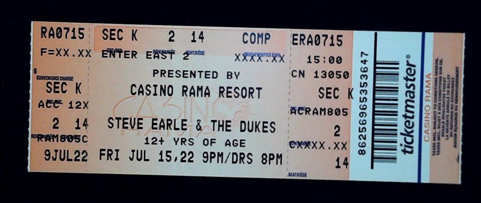 Steve Earle Ticket Stub Casino Rama Resort Ontario Canada The Dukes 7/15/2022