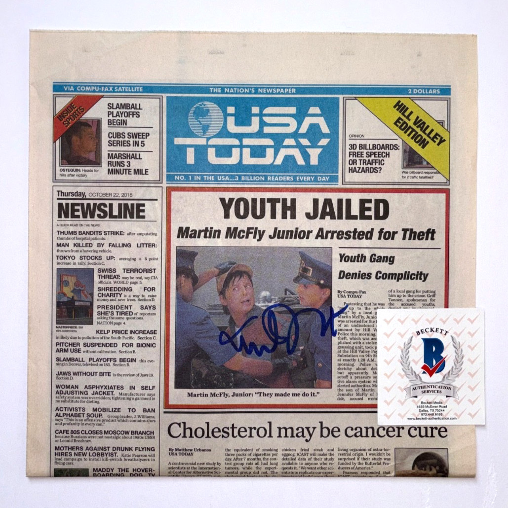 MICHAEL J FOX SIGNED USA TODAY NEWSPAPER 10/22/15 BACK TO FUTURE BTTF DATE BAS