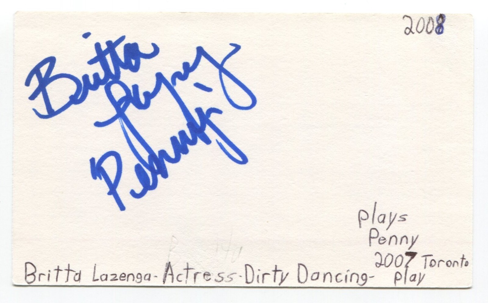 Britta Lazenga Signed 3×5 Index Card Autographed Actress ET Dirty Dancing