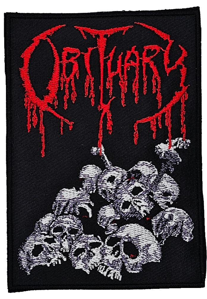 OBITUARY CAUSE OF DEATH SKULL PILE SQUARE BORDER EMBROIDERED PATCH