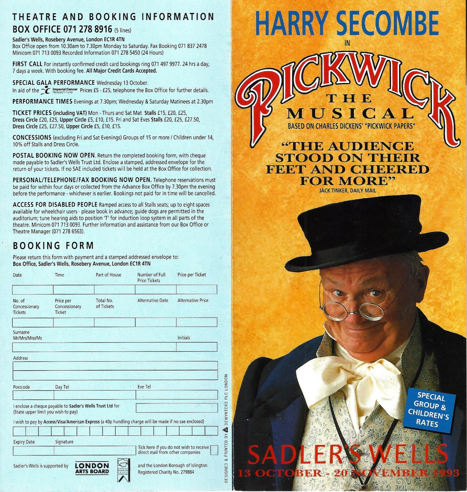 Harry Secombe “PICKWICK” Leslie Bricusse / Sadler’s Wells 1993 London Flyer