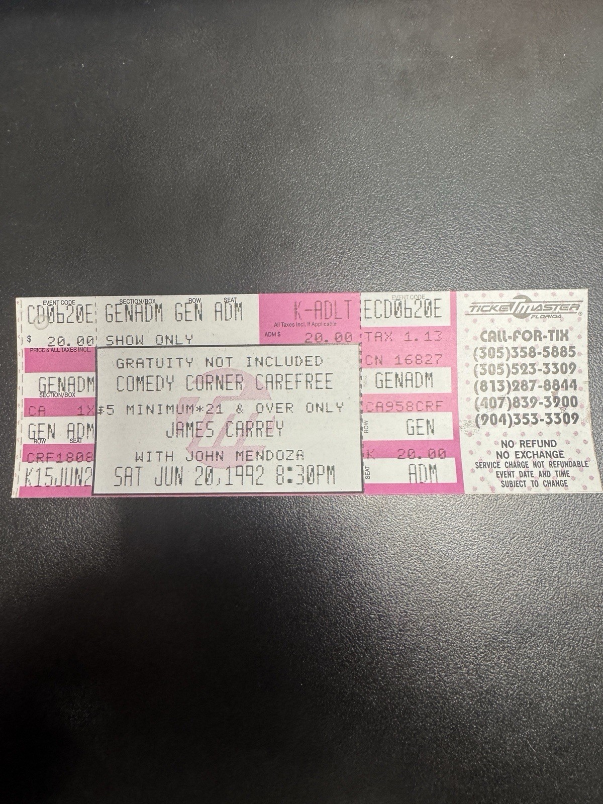 1992 Jim Carrey Stand-Up Ticket Stub Comedy Corner Carefree Vintage