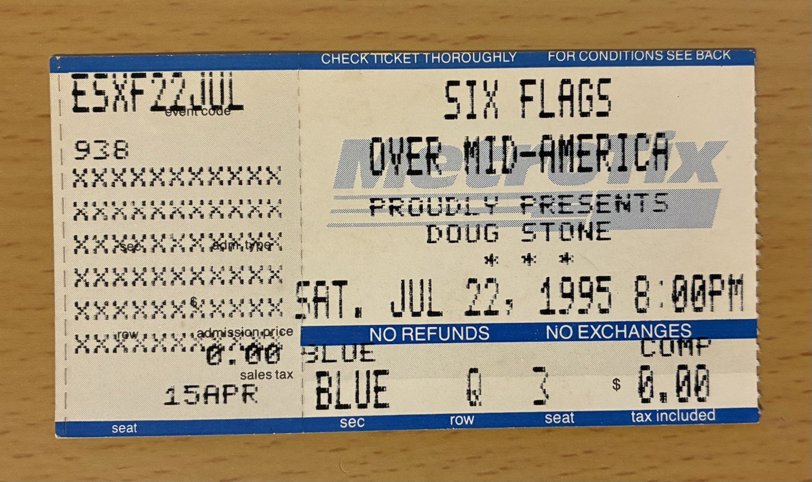 1995 DOUG STONE SIX FLAGS ST. LOUIS CONCERT TICKET STUB