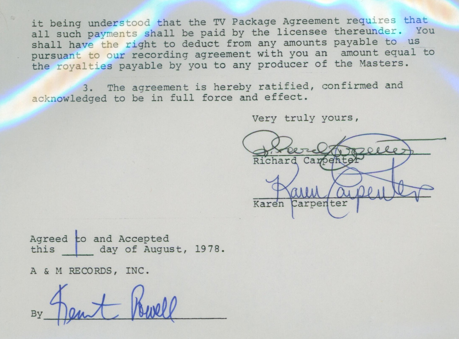 RICHARD & KAREN CARPENTER Signed 1978 A&M Records Contract Full Auto BAS Gem 10