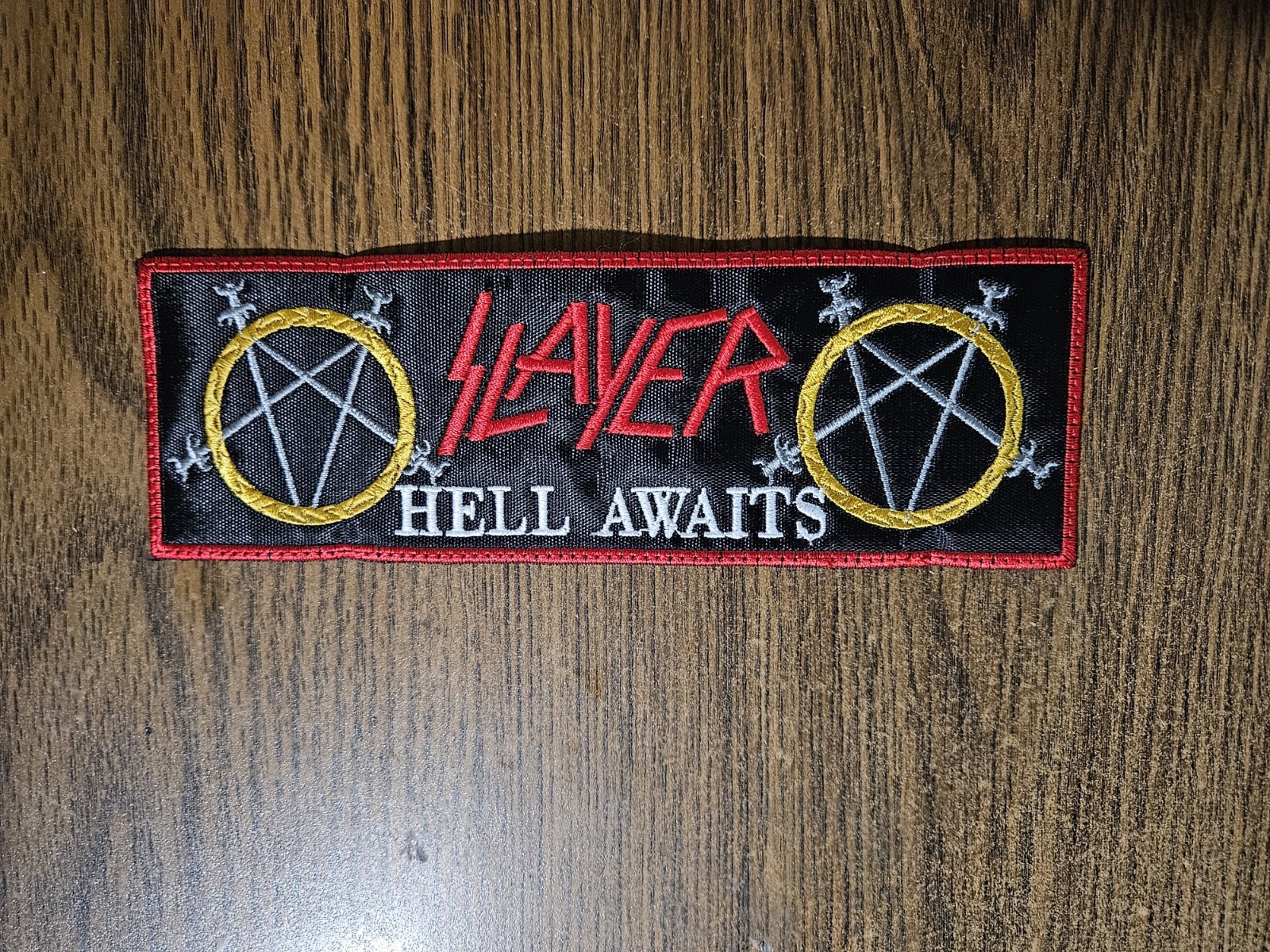 SLAYER, HELL AWAITS, SEW ON RED BORDER EMBROIDERED STRIP PATCH