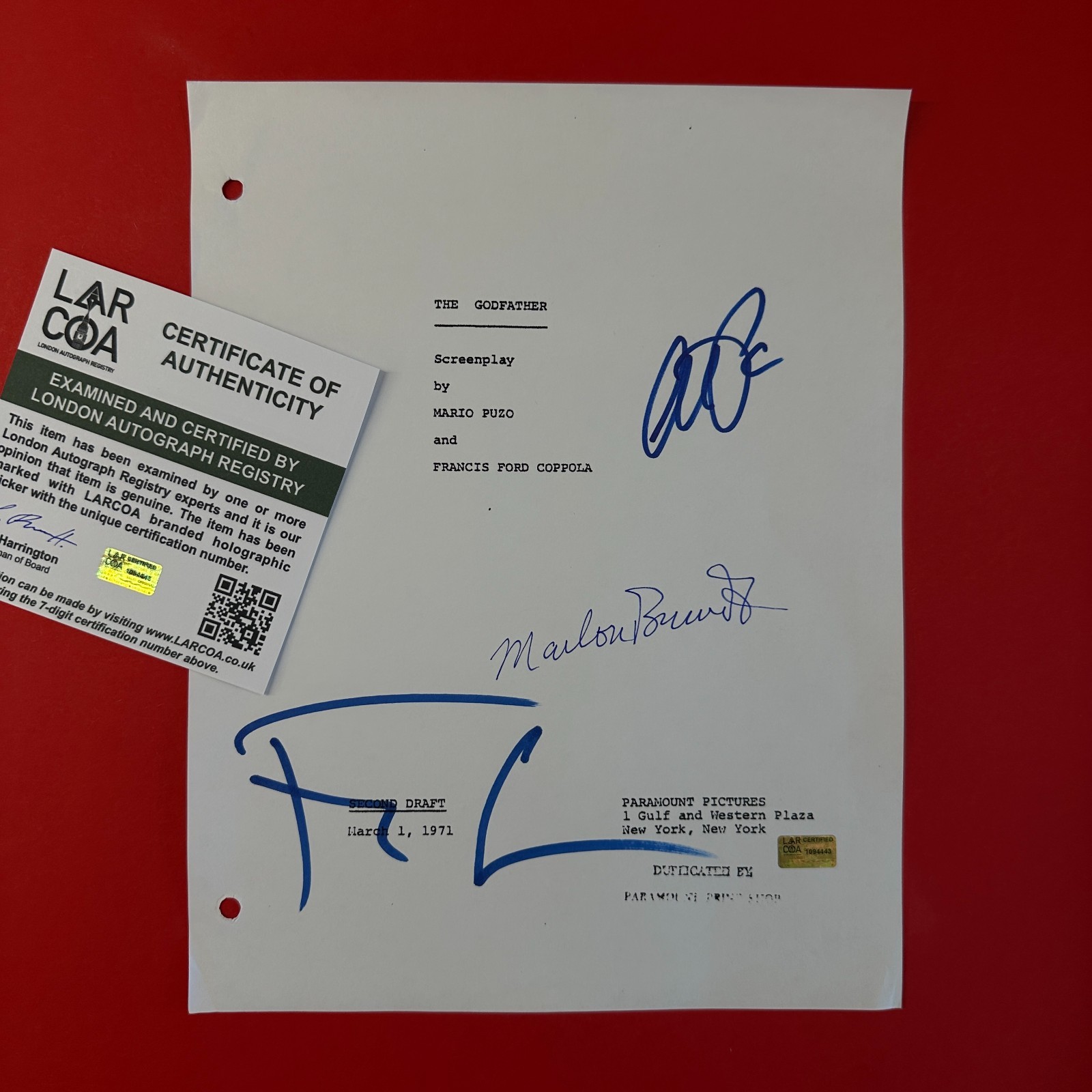 BRANDO, AL PACINO, COPPOLA Hand-Signed “THE GODFATHER” Screenplay + LAR COA RARE