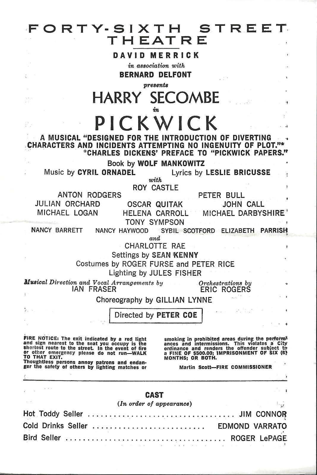 Pickwick Preview Playbill, Harry Secombe, Charlotte Rae, Roy Castle, NYC, 1965