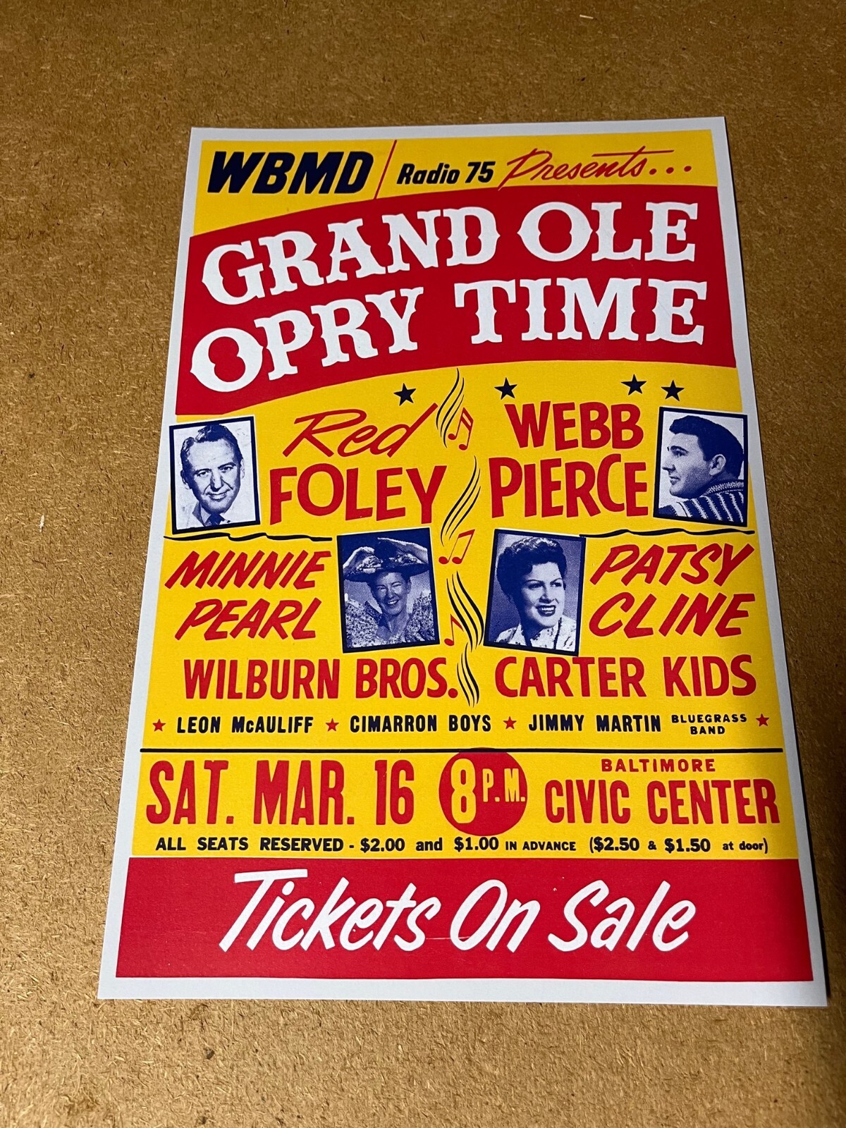 Grand Ole Opry 1963 Minnie Pearl Patsy Cline Red Foley Cardstock Concert Poster
