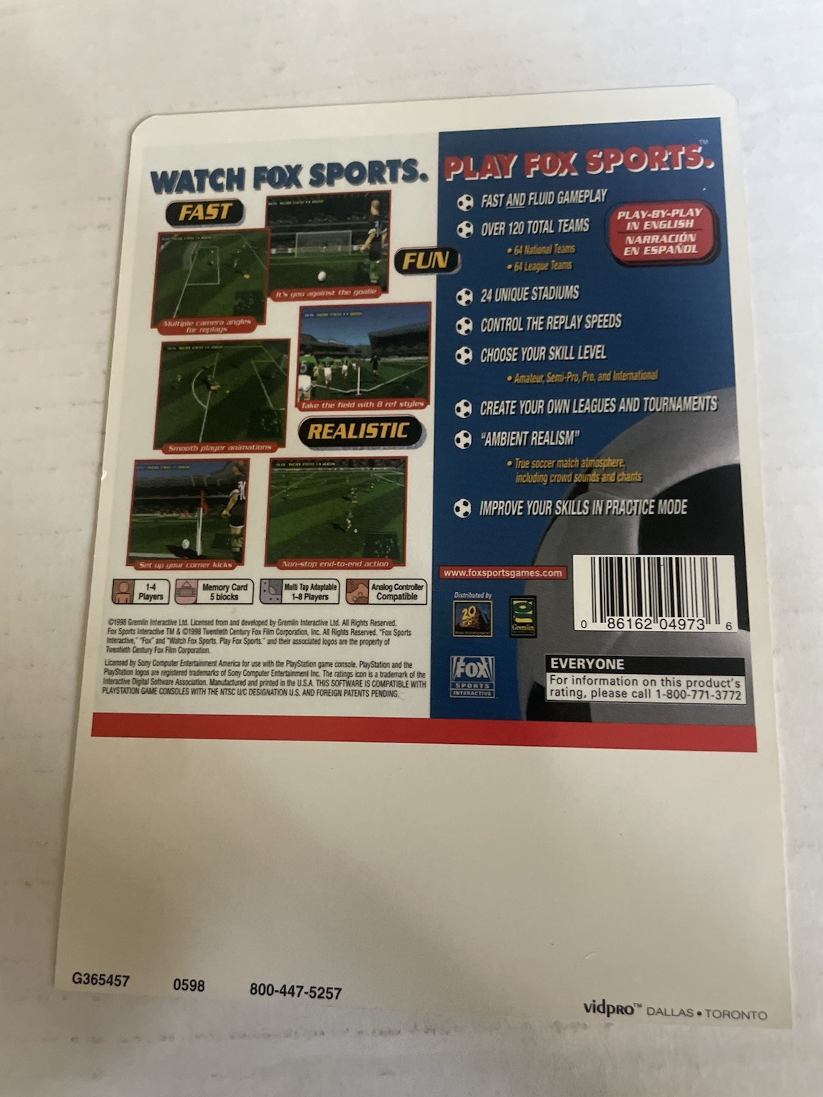 PlayStation Fox Sports Soccer ‘99 VIDPRO Card Toys R Us Display Card Rare