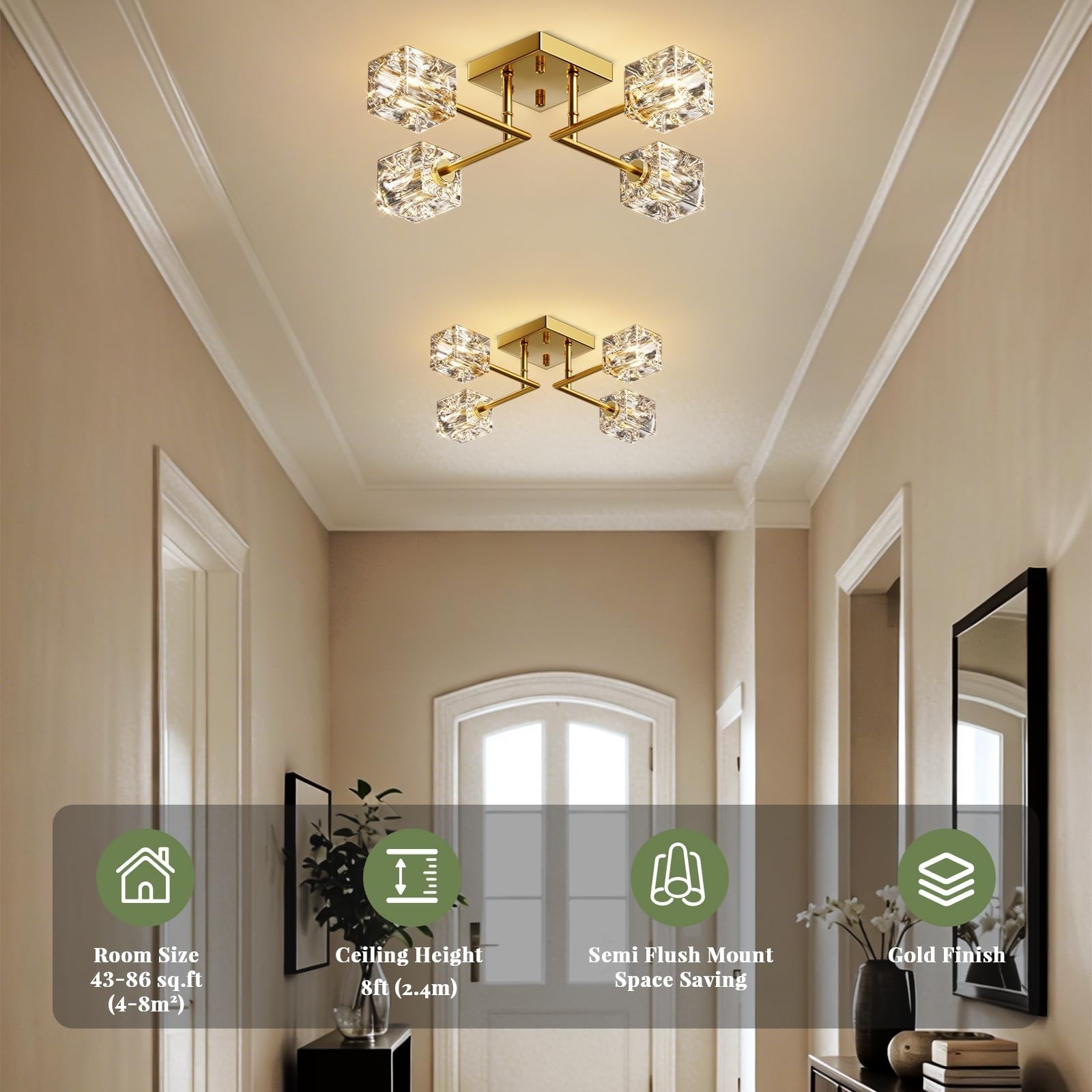 Gold Sputnik Crystal Ceiling Light, 4-Light Semi Flush Mount Chandelier | Mod…