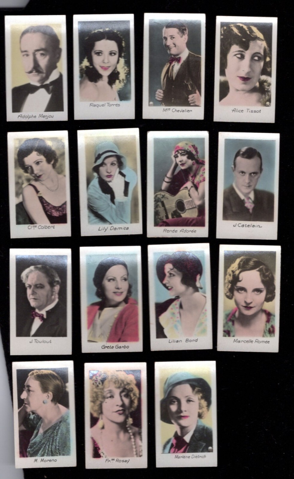 Lot of 15 small, tinted, photo cards, HOLLYWOOD MOVIE STARS, France, 1930s-40s
