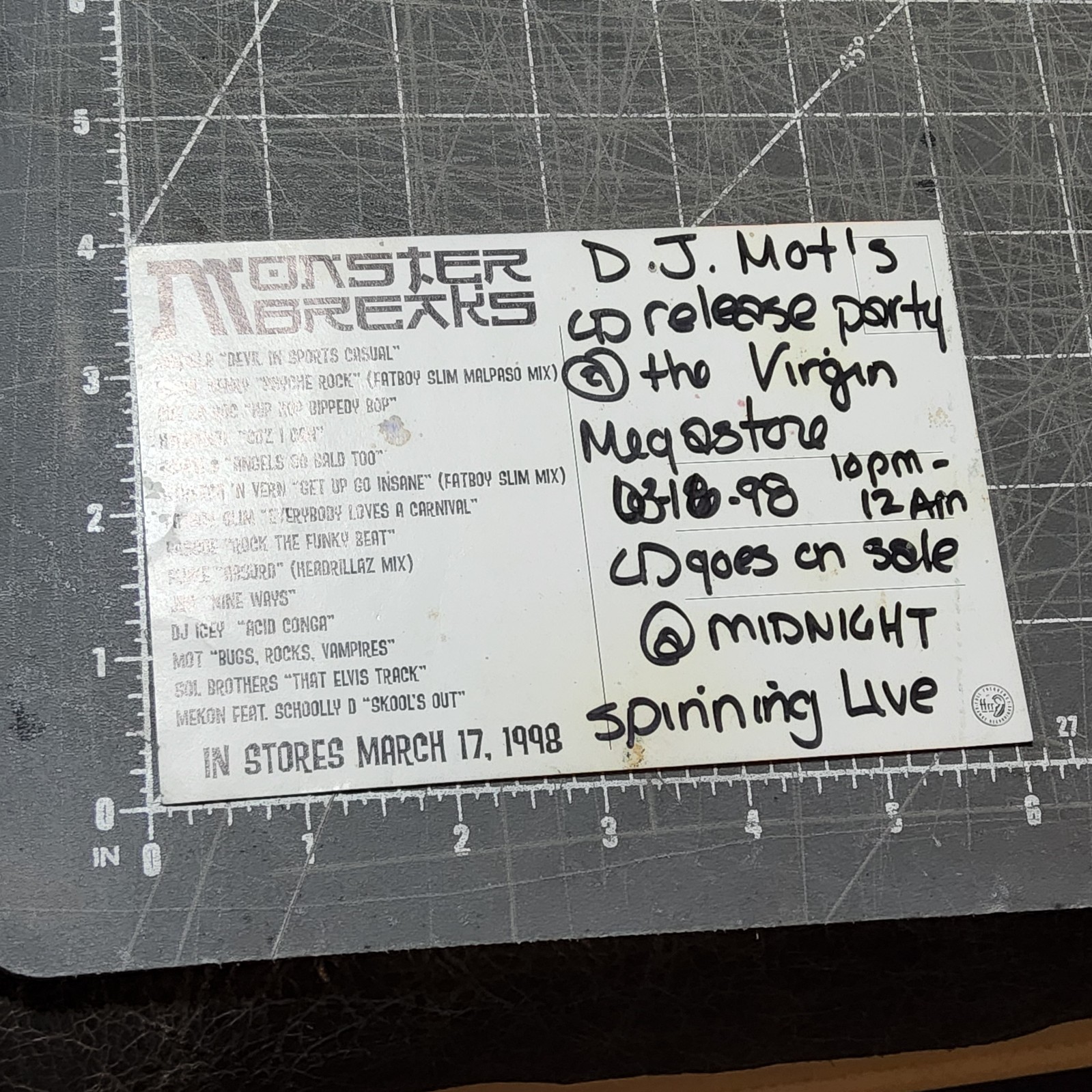 Monster breaks Postcard 1998 virgin mega store promo card 6×4 live performance