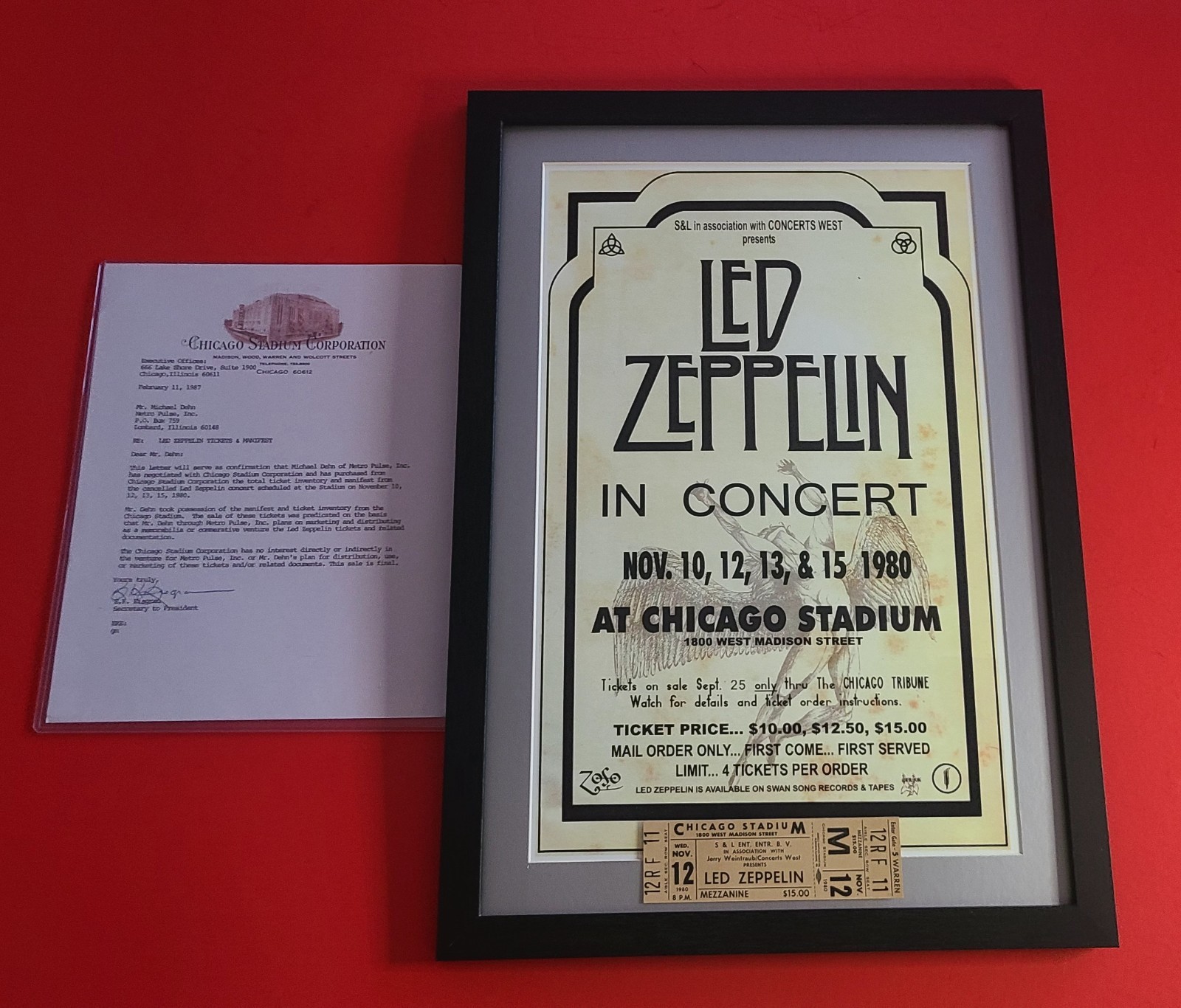 Led Zeppelin ’80 Unused Chicago Stadium Concert Ticket COA 13×19 Custom FRAME VG