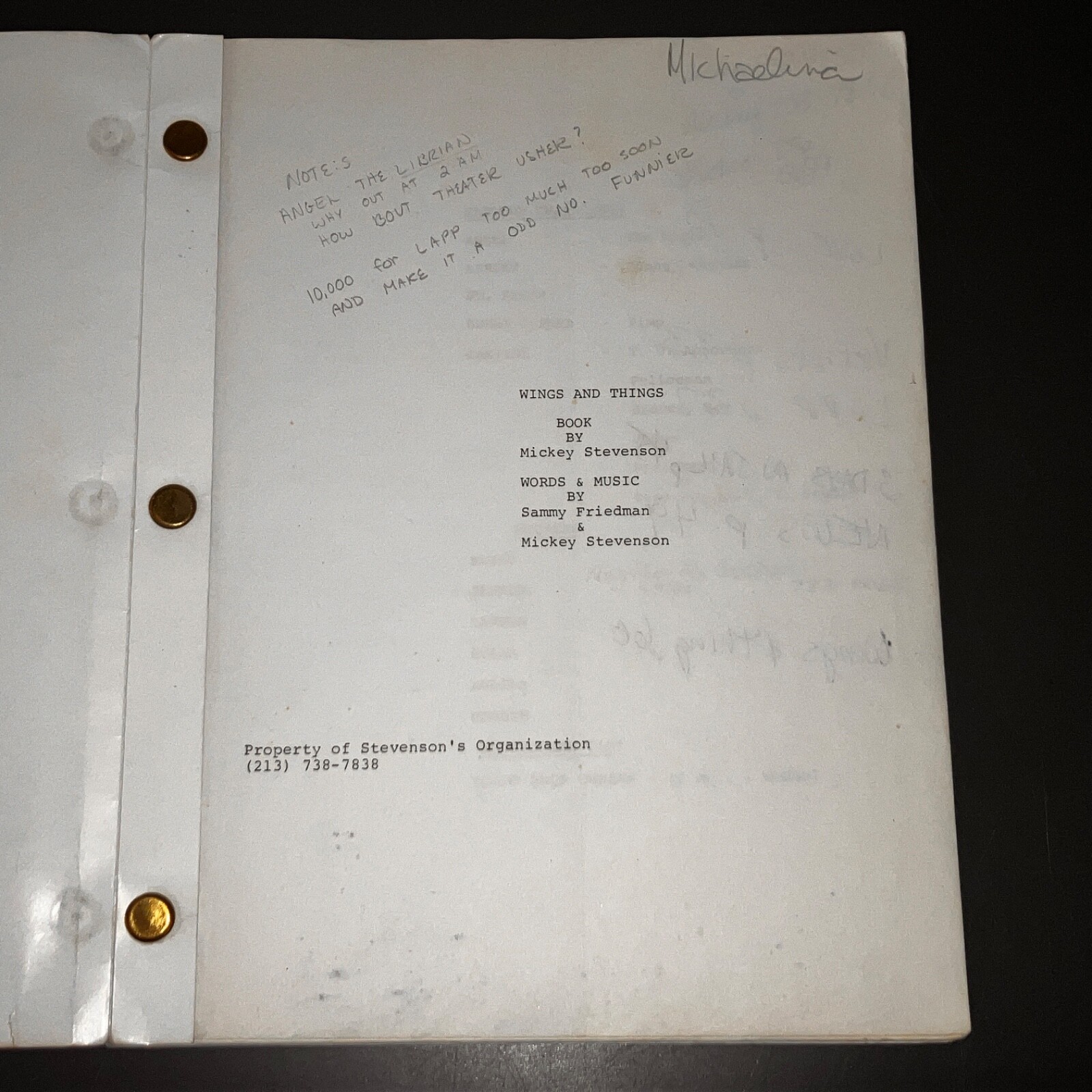 WINGS & THINGS Mickey Stevenson Motown Musical Script Production Notes COA