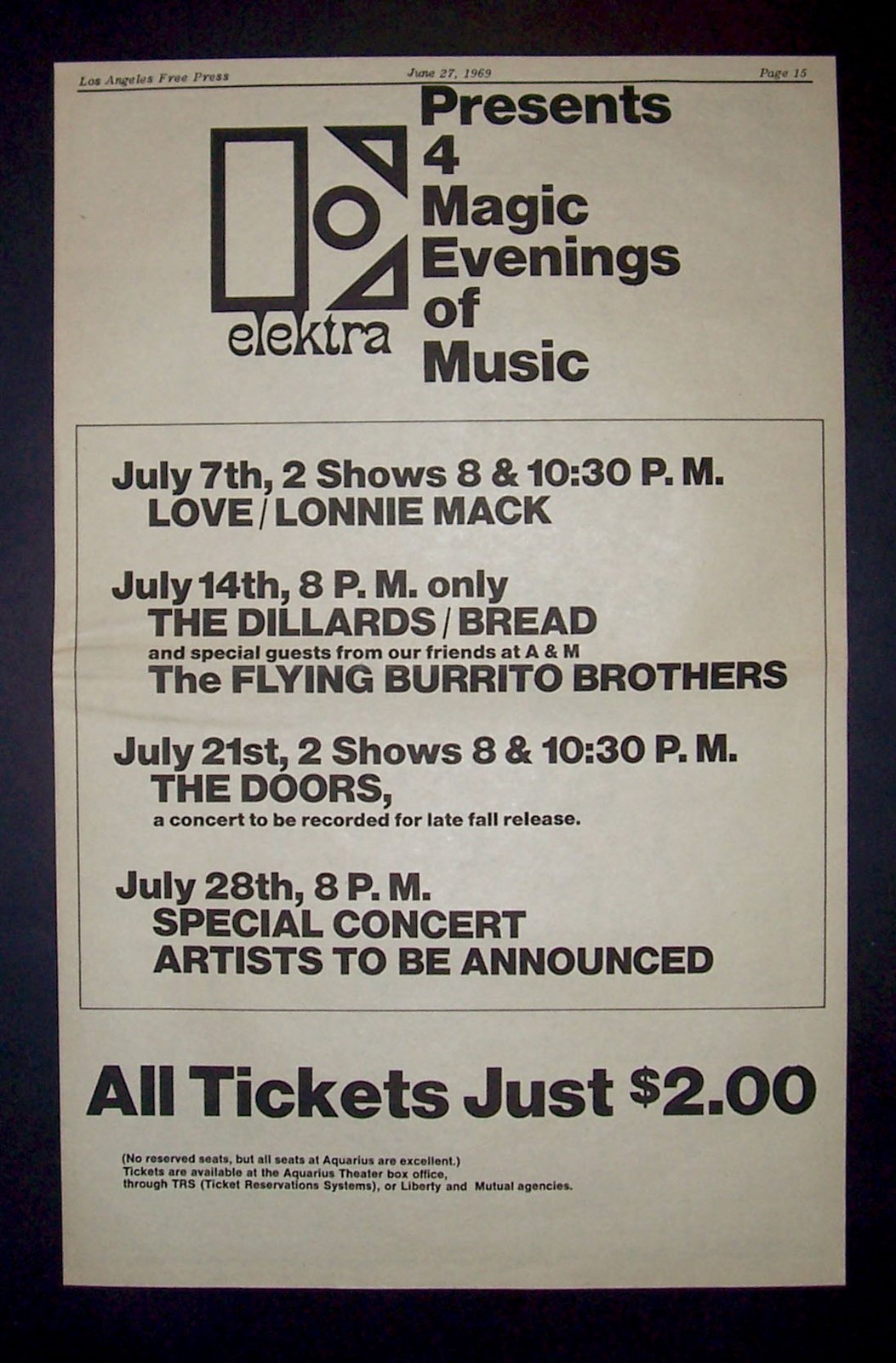 The Doors Flying Burrito Brothers Aquarius Theater LA ’69 Poster Type Concert Ad