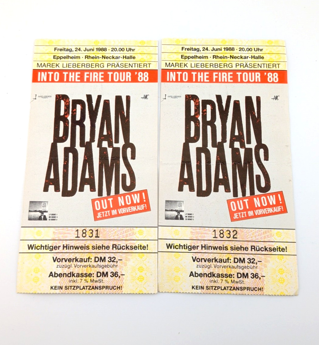 Bryan Adams June 1988 – Into The Fire Tour – Jumbo Ticket Stubs Germany Lot of 2