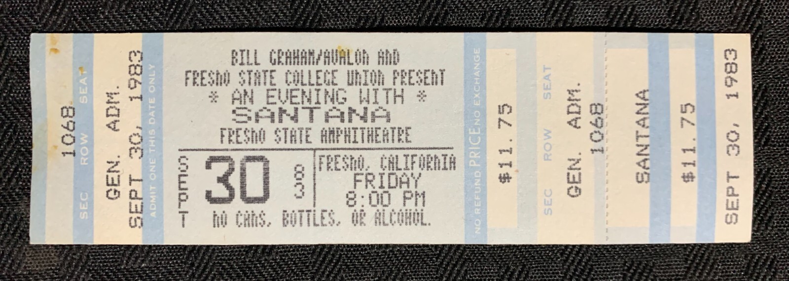 1983 Sept 30 SANTANA 5.25×1.5″ Concert Ticket FN 6.0 Fresno State College
