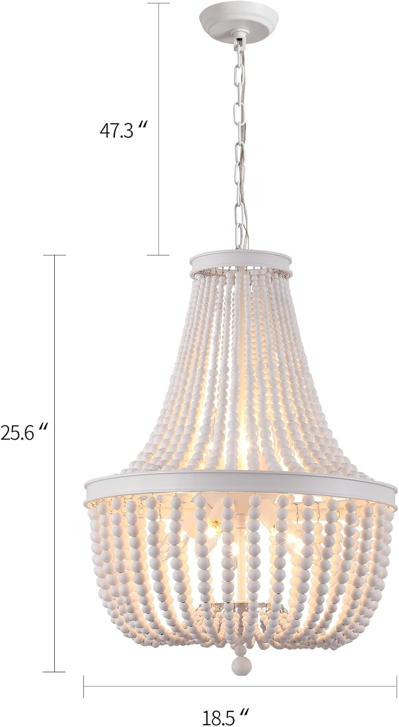 Beaded Chandelier Farmhouse White Wood Beaded Boho Light Fixture Vintage Antique