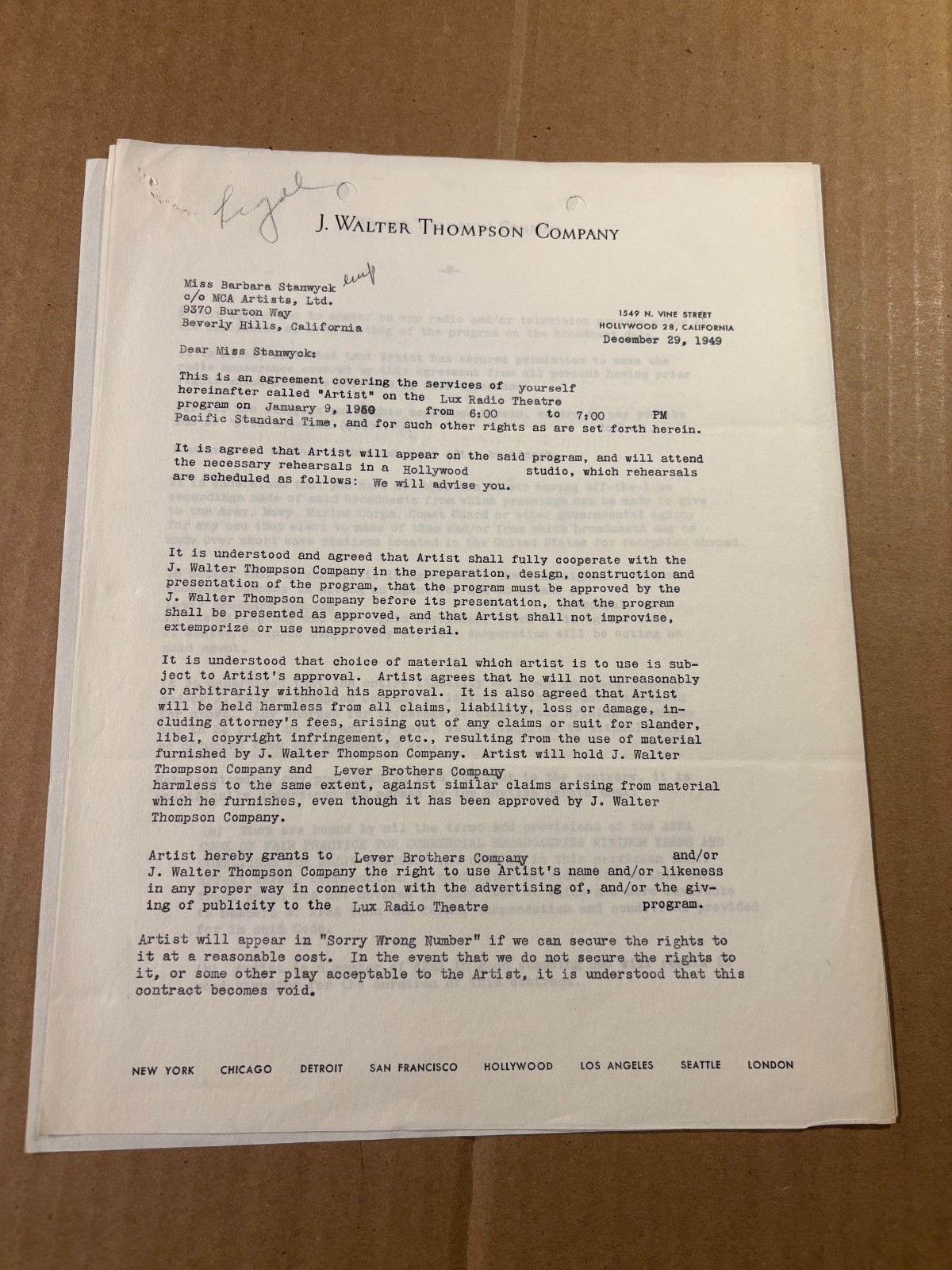 Barbara Stanwyck Very Rare Signed Contract ’49 Sorry Wrong NumberLuxRadioTheatre