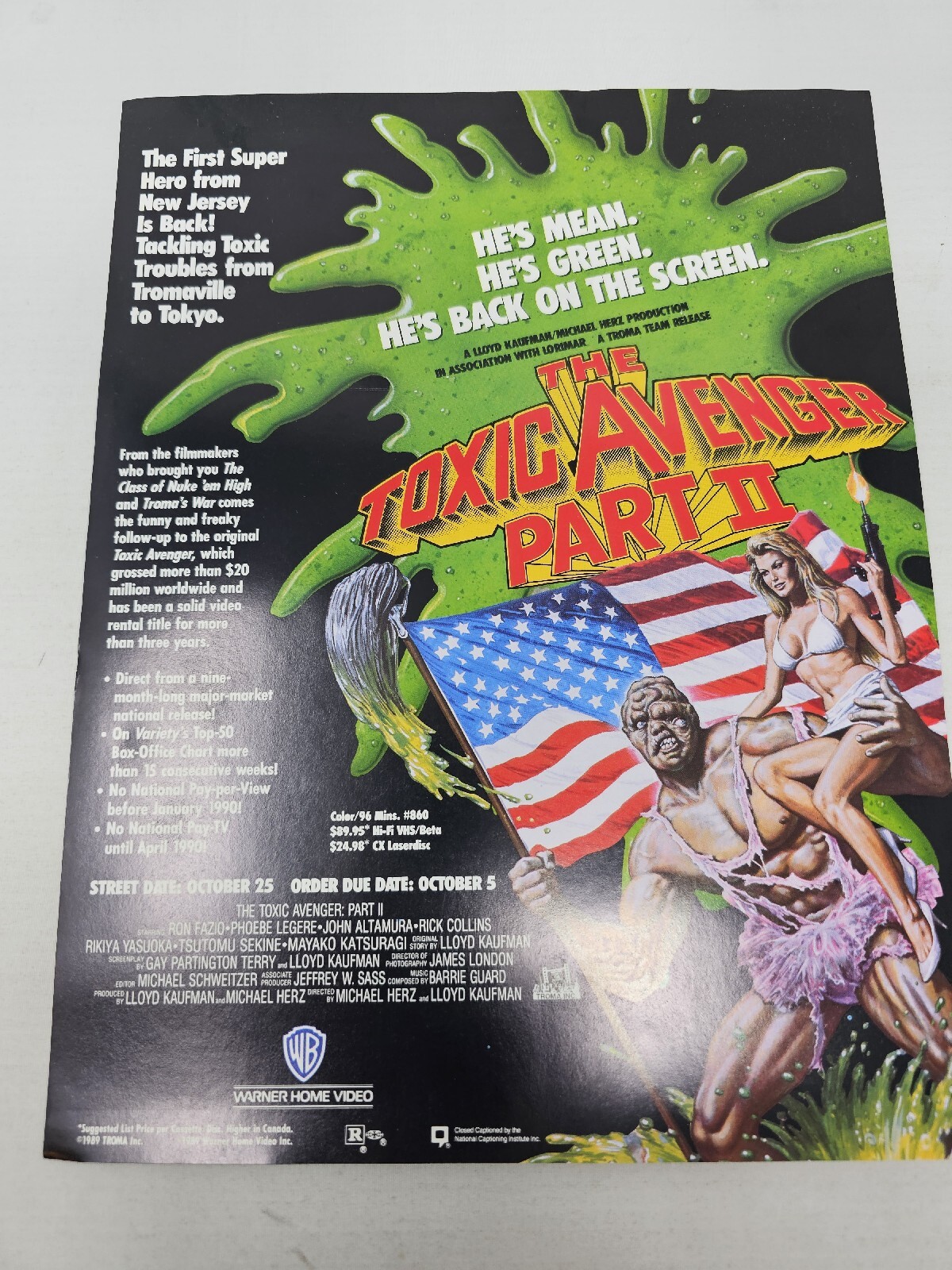 THE TOXIC AVENGER PART II- Warner Brothers Video Store Ad 1989. Troma Home Video