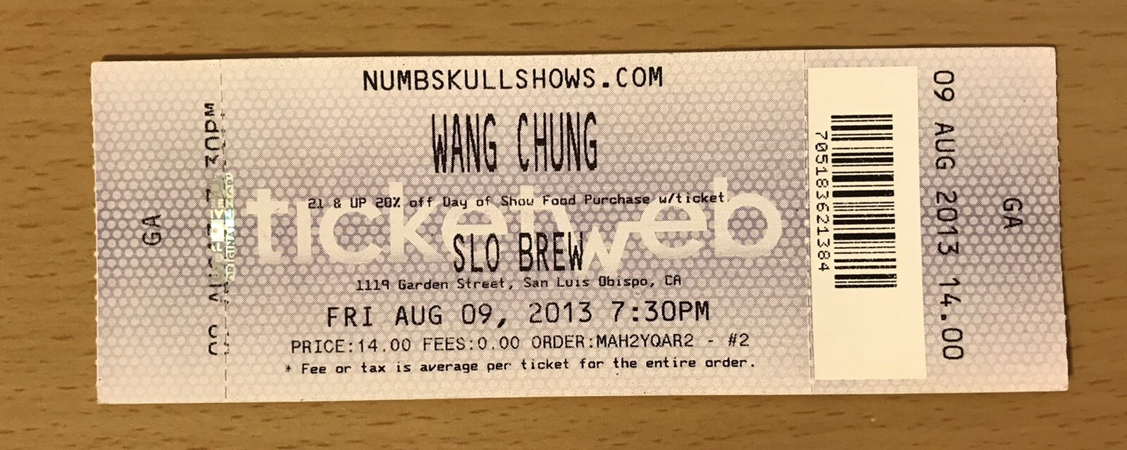 2013 WANG CHUNG SLO BREW SAN LUIS OBISPO CONCERT TICKET STUB DANCE HALL DAYS 540