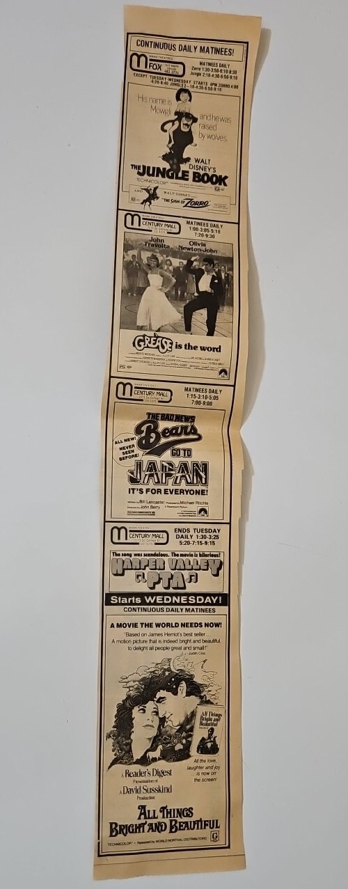 Jungle Book Grease Bad News Bears Japan VTG Newspaper Clipping Movie Ad 1978