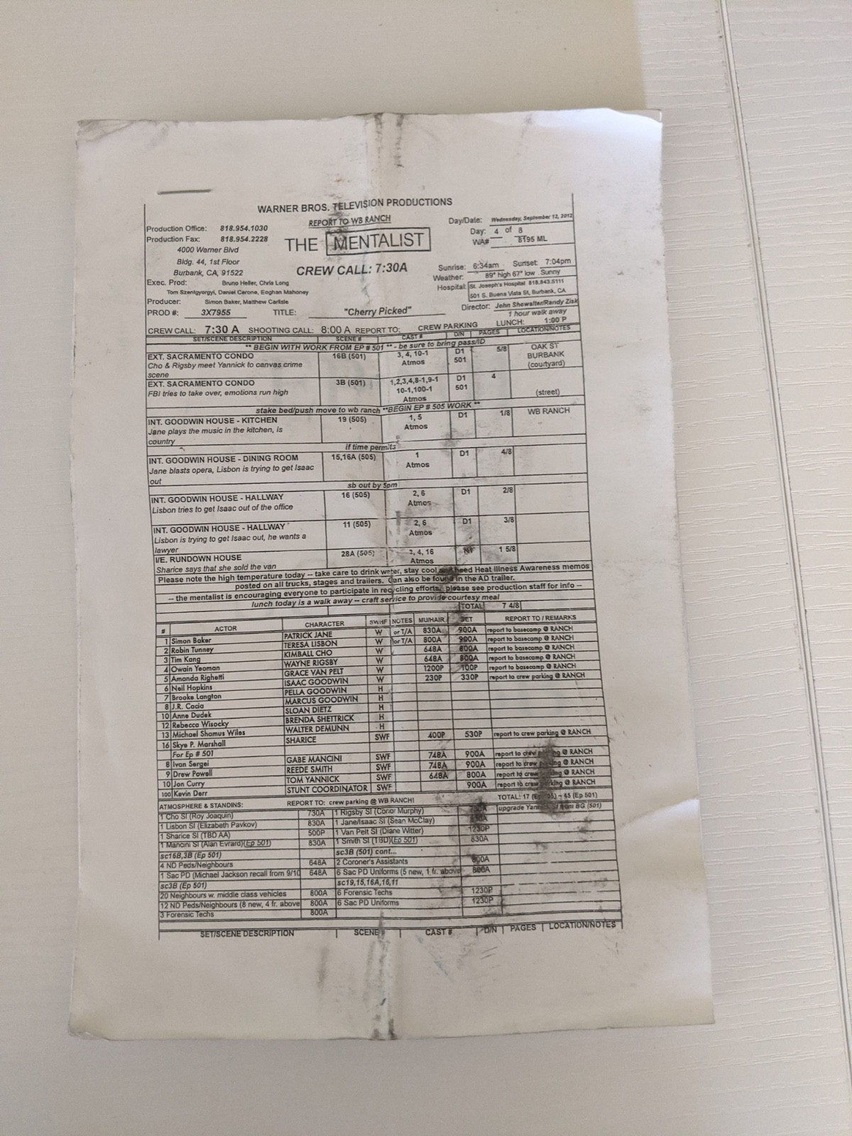 THE MENTALIST “CHERRY PICKER” S5E6 ACTUAL CREW CALL SHEET