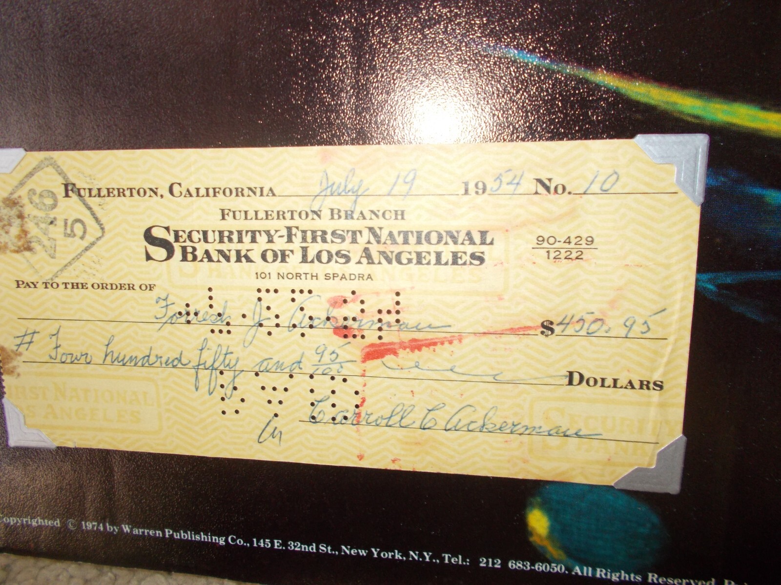 FORREST ACKERMAN SIGNED CHECK + FAMOUS MONSTERS 1974 POSTER