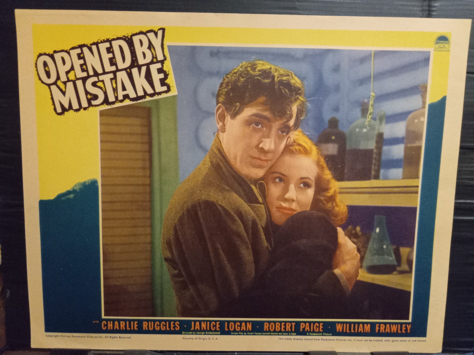 Lobby Card 1940 OPENED BY MISTAKE Robert Paige Janice Logan scared embrace