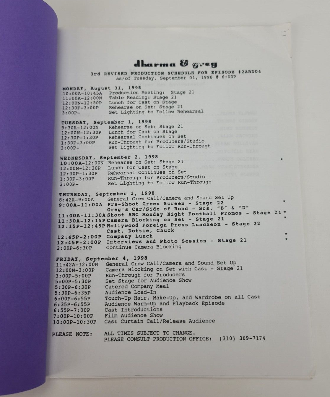 DHARMA & GREG / Bill Prady 1998 TV Script, Jenna Elfman “Paper Hat Anniversary”