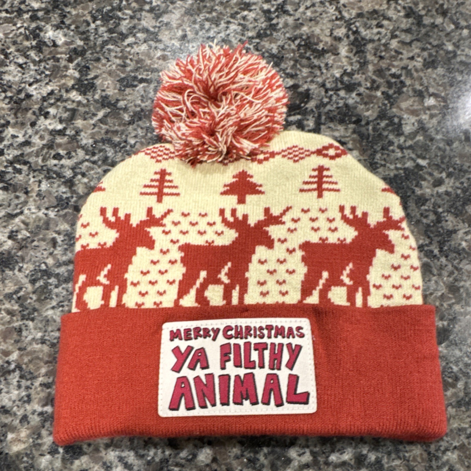 Home Alone Movie Knit Pom Beanie Hat One Size Red/Cream Reindeer Quote Patch