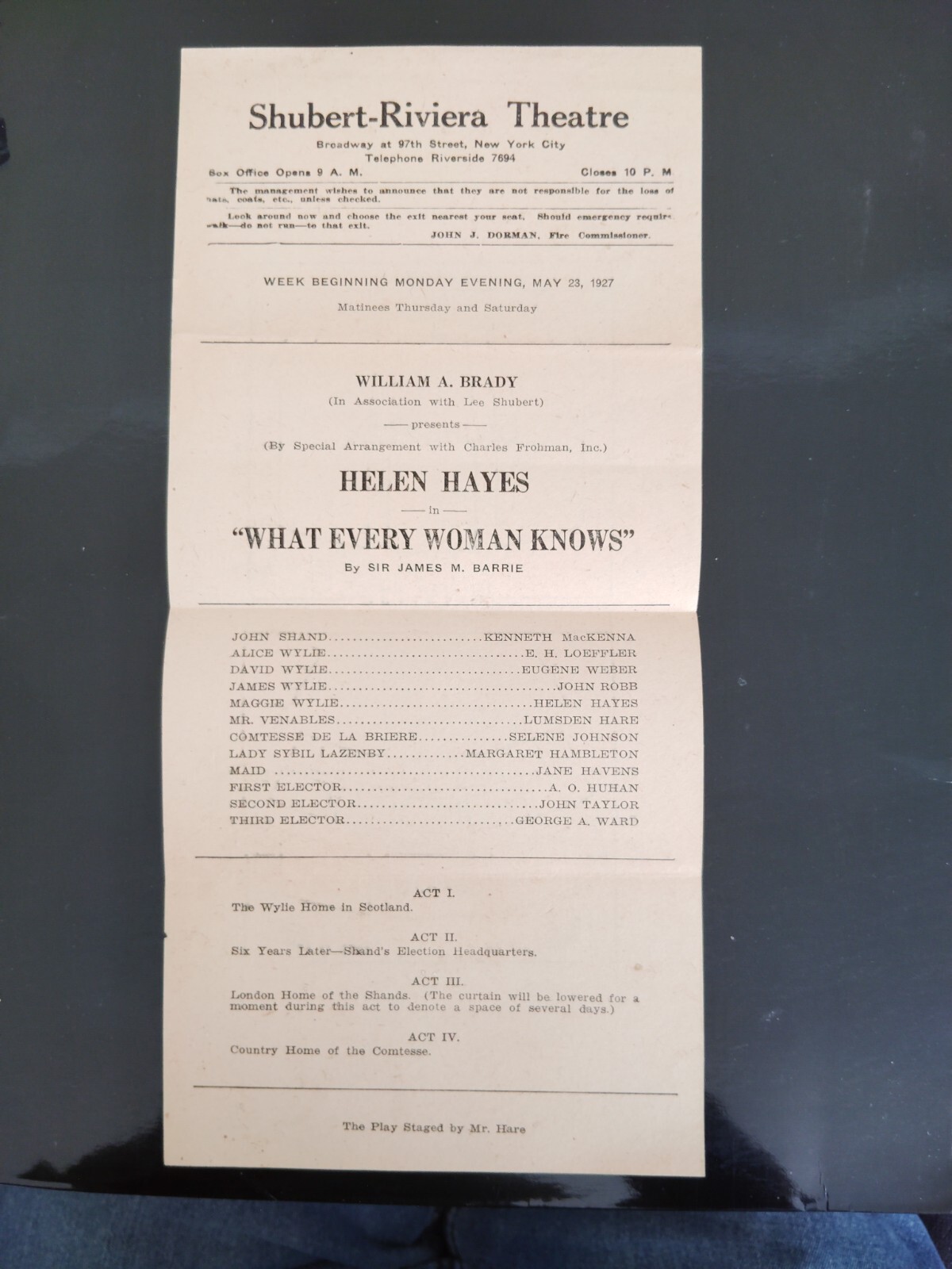 Helen Hayes in What Every Woman Knows 1927 Shubert-Riviera Theatre, NY Broadside