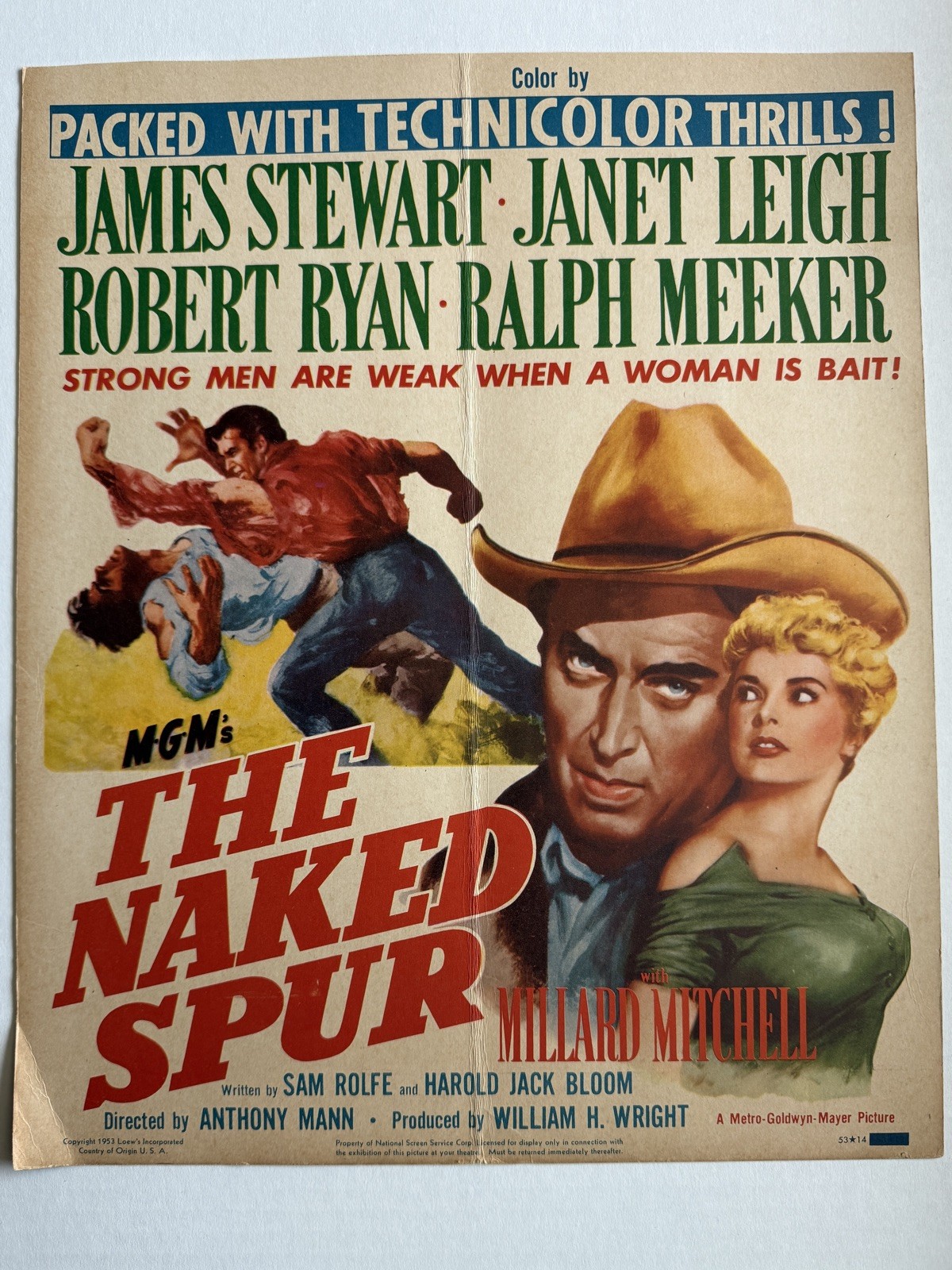 The Naked Spur Original 1953 window/lobby card movie poster 17×14 James Stewart