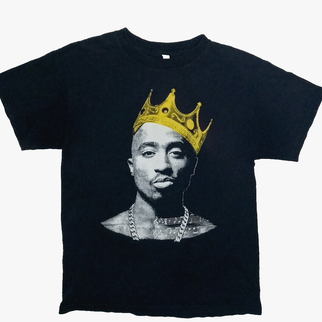 Vintage Tupac T-Shirt Mens Size M Black & White Graphic Gold Crown King of Rap