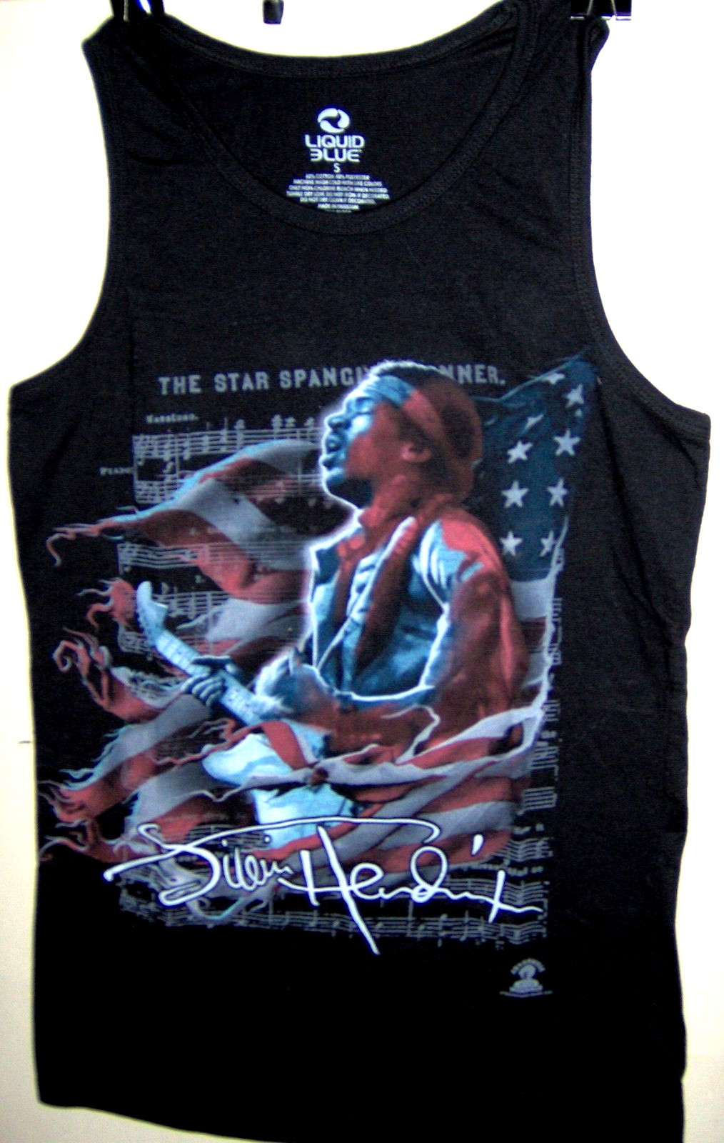 JIMI HENDRIX in Concert Flag Tank Top Pre Worn T Shirt Size Small Liquid Blue