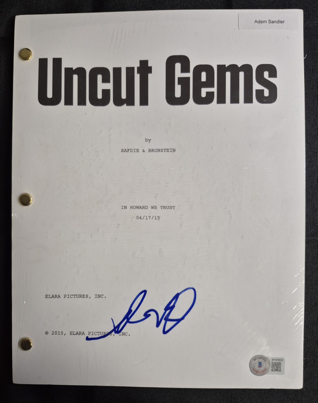 Adam Sandler Signed Movie Script Uncut Gems Beckett Authentication