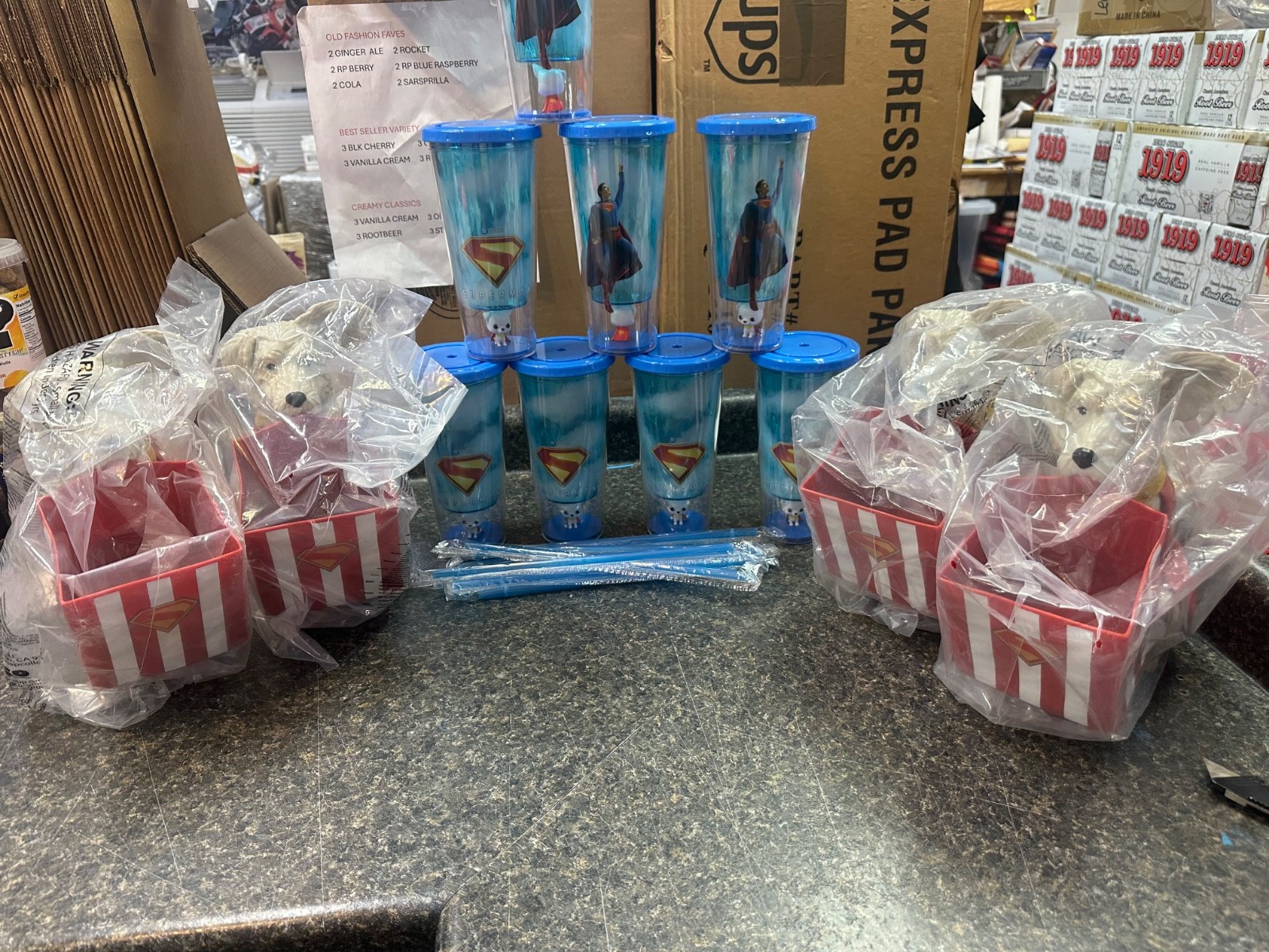 Bolt lot Superman, Krypto cup, and popcorn buckets for charity 7 cups 4 buckets
