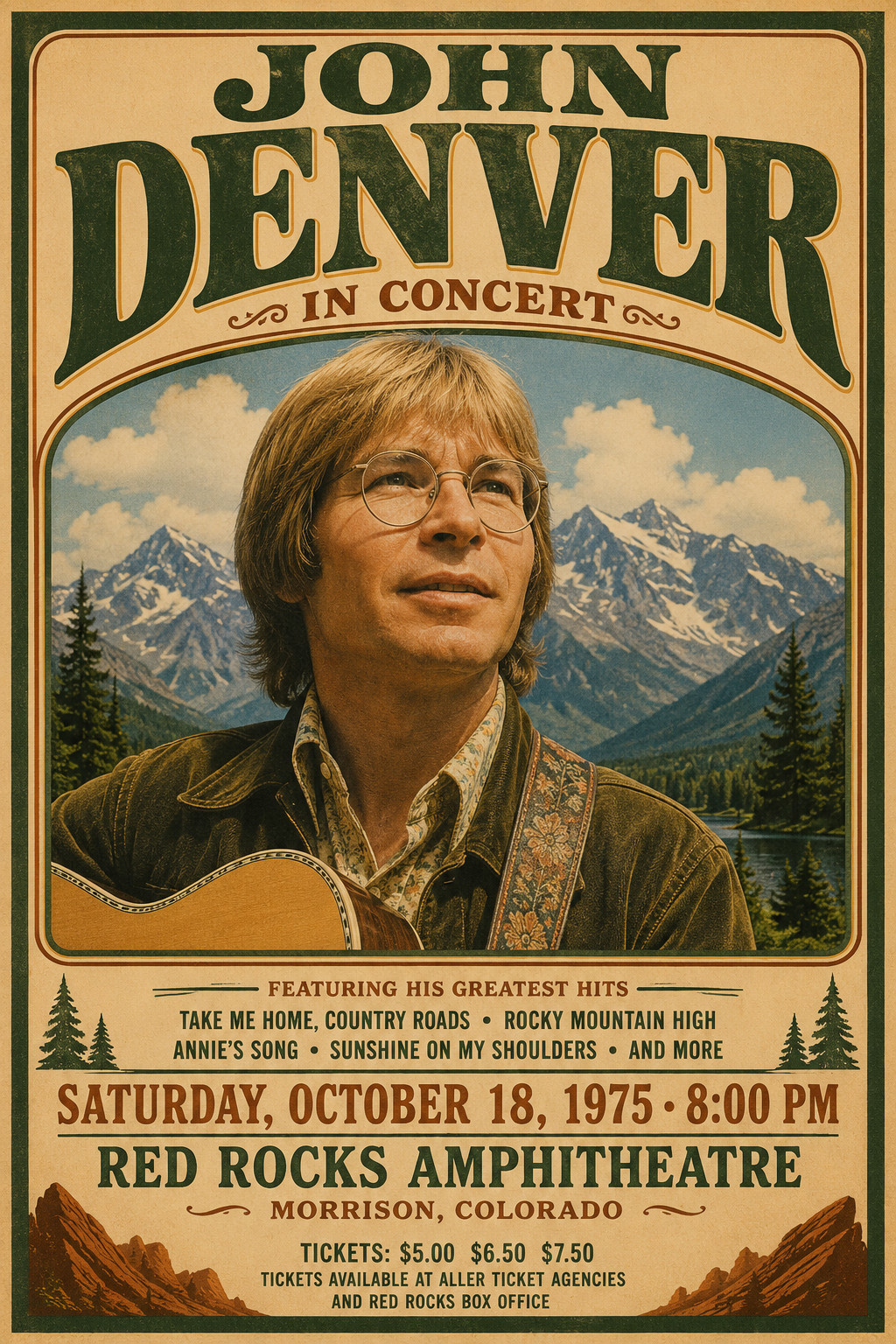 1975 JOHN DENVER CONCERT POSTER WALL ART PRINT RED ROCKS MORRISON COLORADO