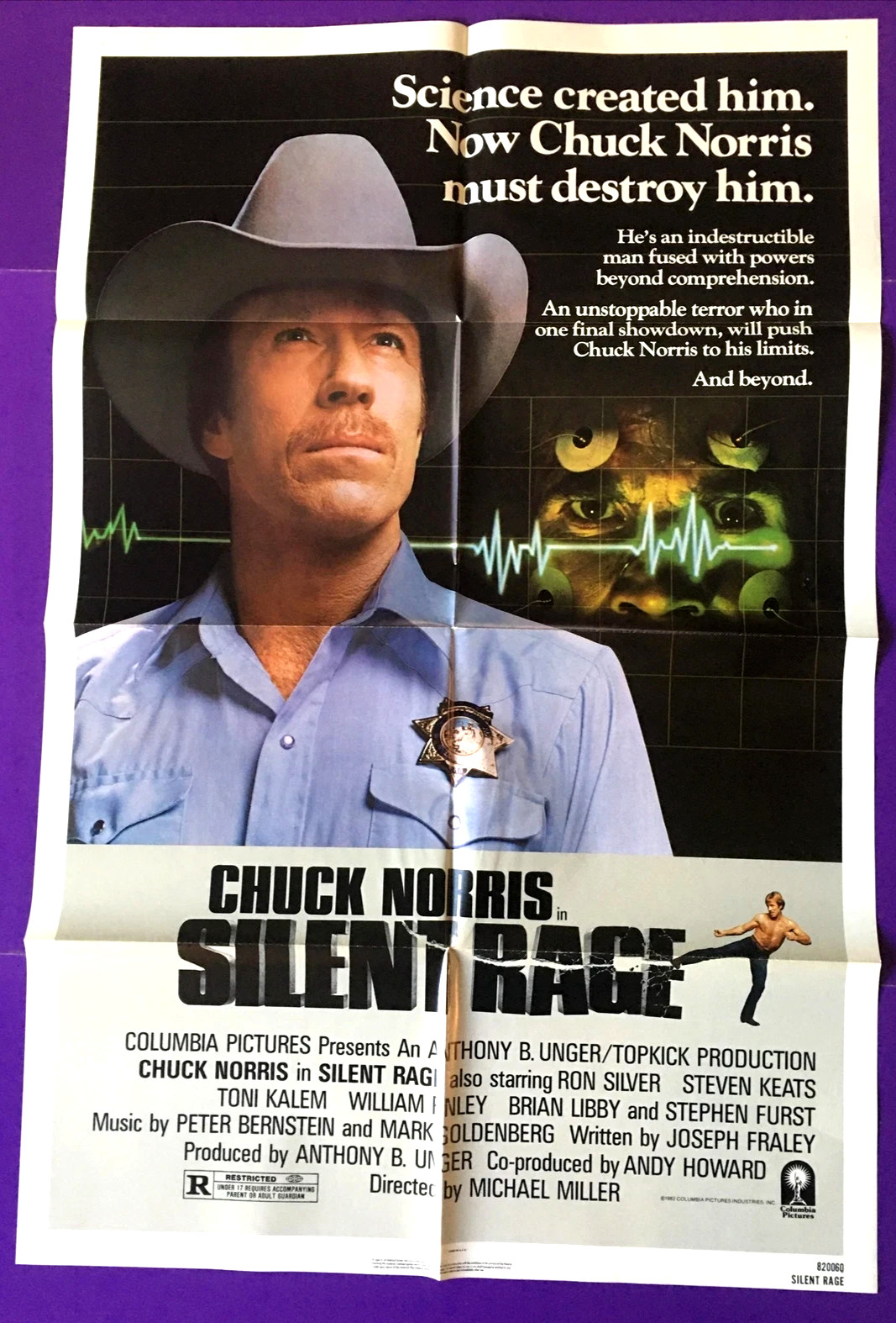 SILENT RAGE ORIGINAL FOLDED 27X41 MOVIE POSTER CHUCK NORRIS 1982 SCI FI HORROR