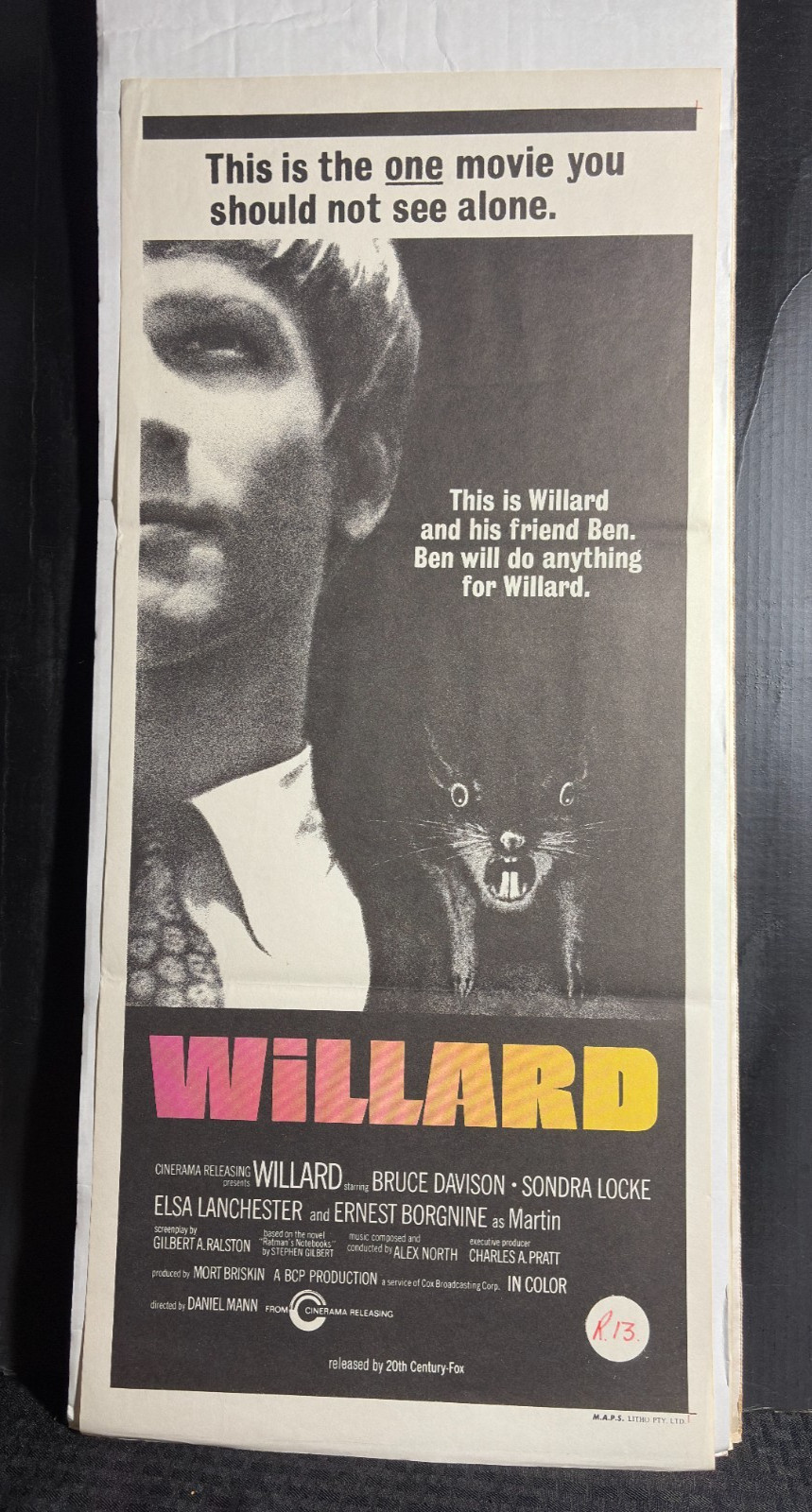 1971 WILLARD 13.5×30″ Movie Poster FN 6.0 Bruce Davidson & Elsa Lanchester