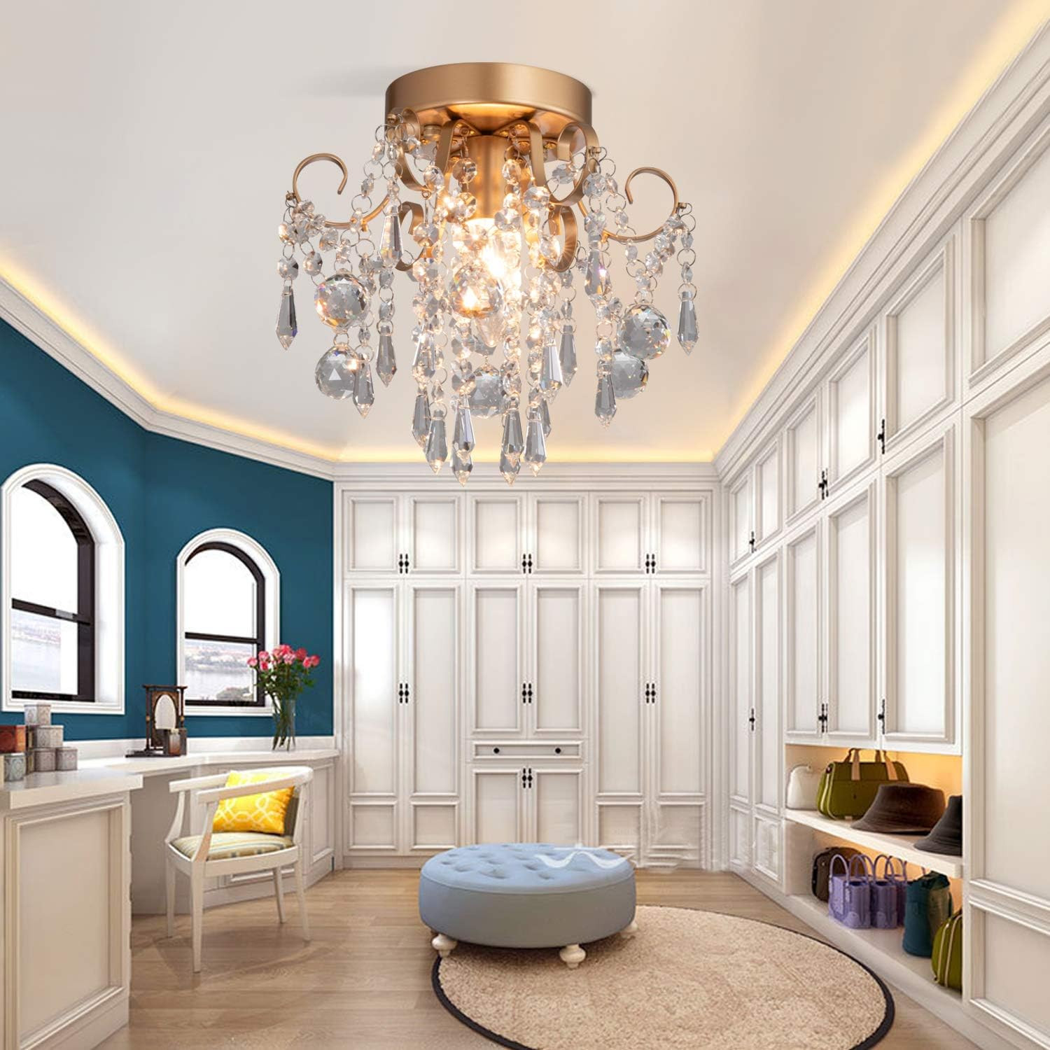 Mini Chandelier Crystal Ceiling Light,Small Flush Mount Gold Light Fixture for E
