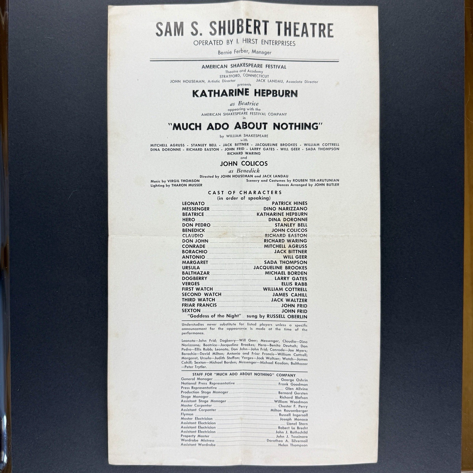 VTG Katharine Hepburn Much Ado About Nothing Program + Ticket Stub March 5 1958