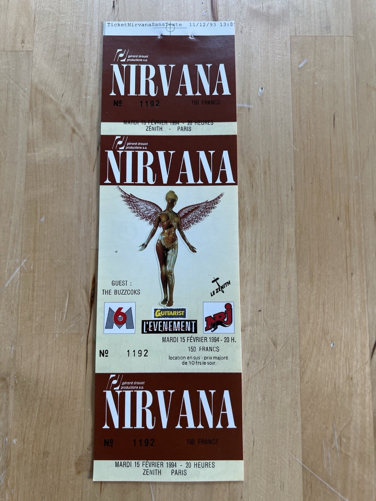NIRVANA Concert Ticket FULL & UNUSED March 15 1994 TOULOUSE, FRANCE Near Mint NM