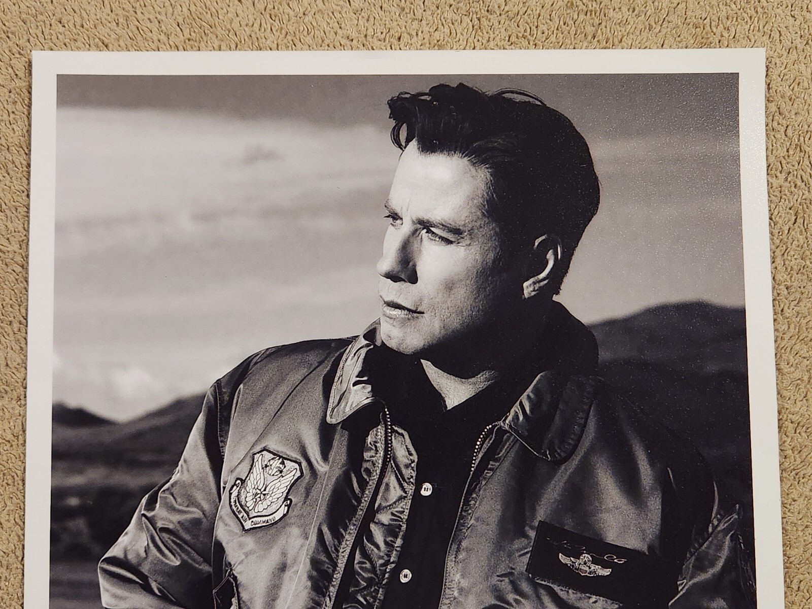 John Travolta Autographed Black White Photo Silver Ink Bomber Jacket Breitling