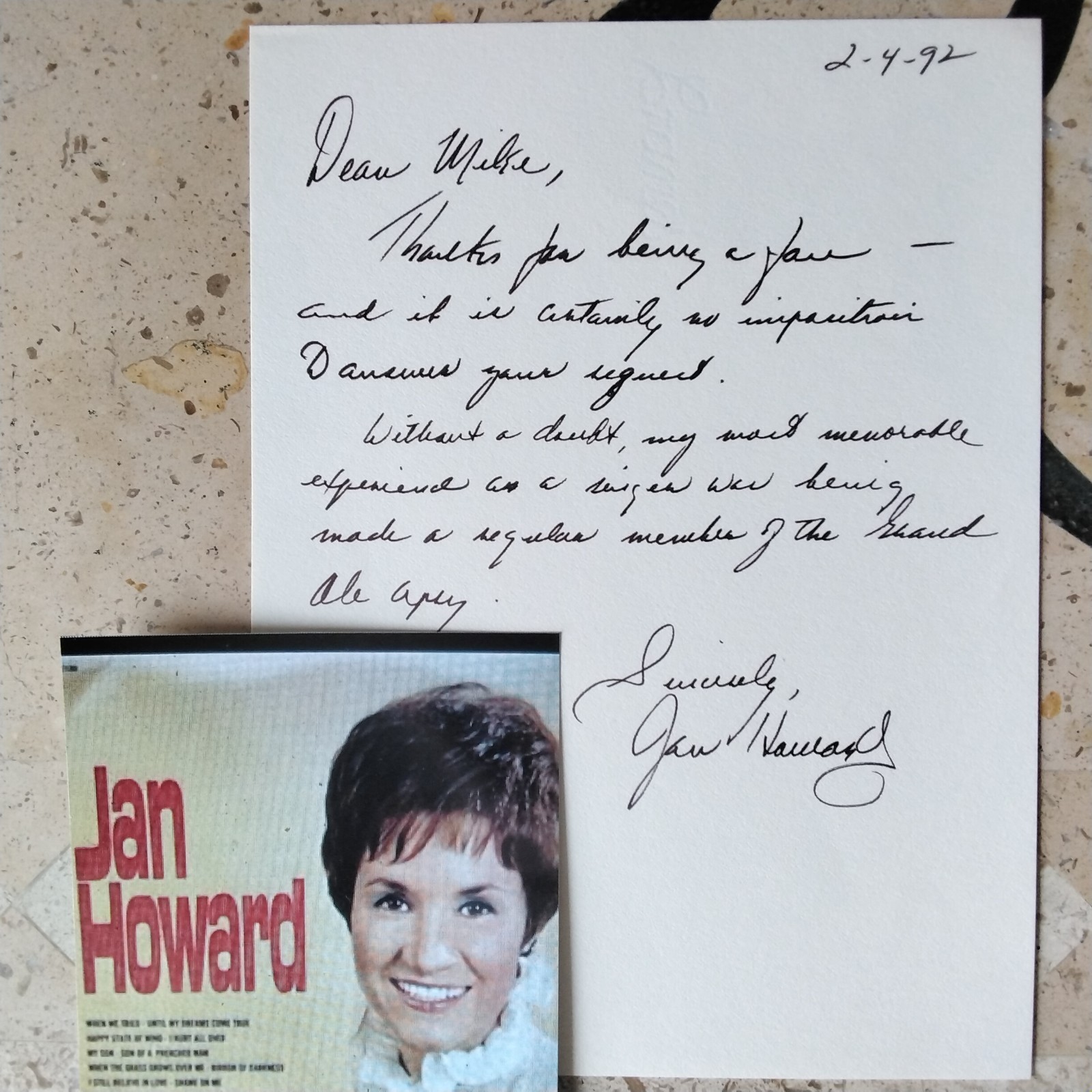 Jan Howard SIGNED Letter Singer Songwriter Evil on Your Mind Opry For Loving You