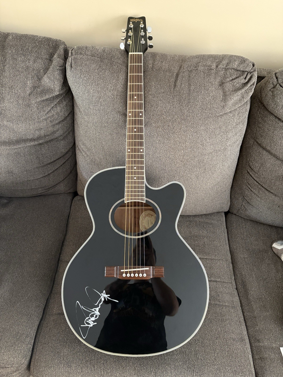 Washburn Black Acoustic-Electric Guitar, Signed By Paul Stanley Of KISS.
