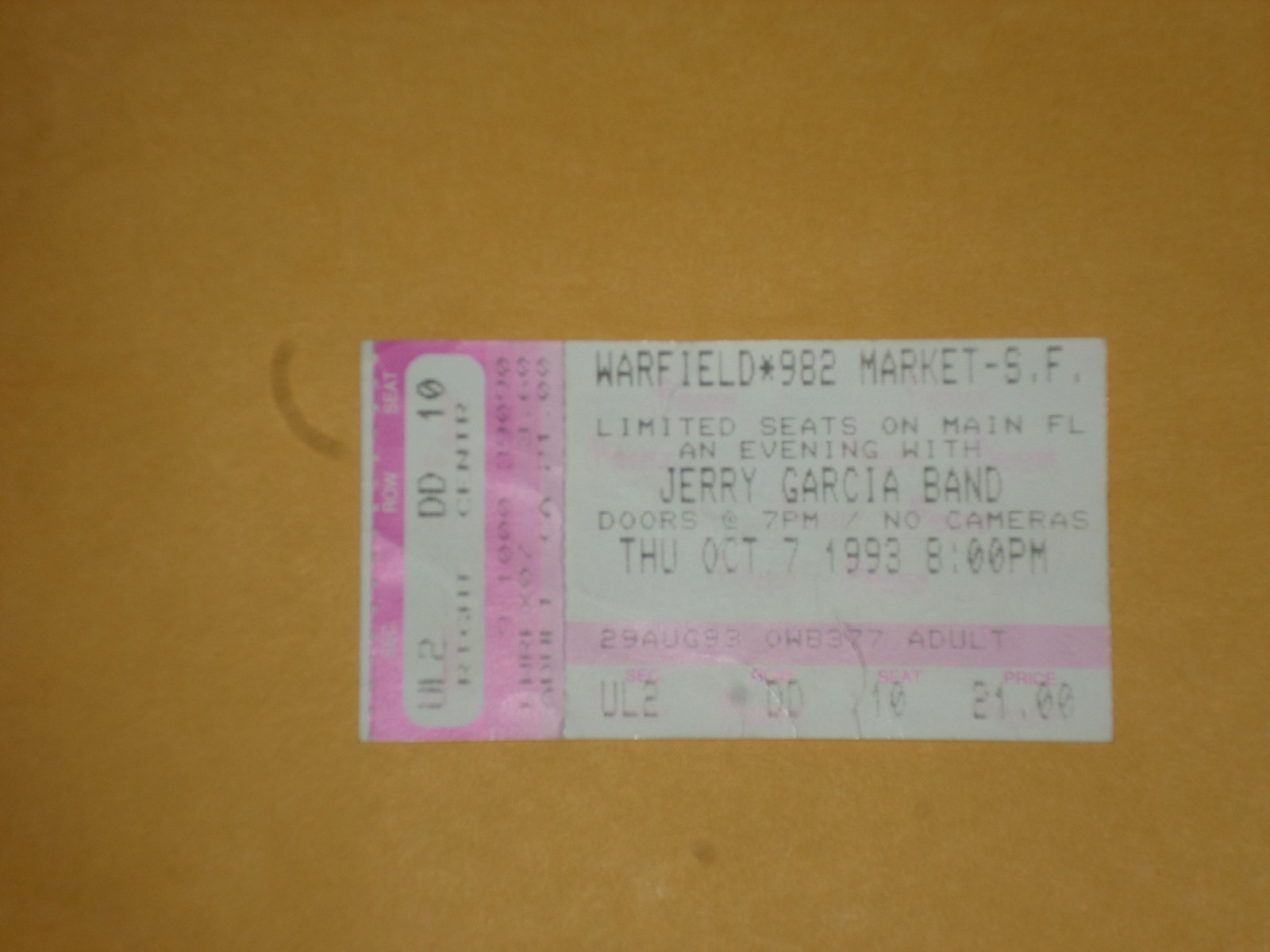Jerry Garcia Band-Grateful Dead Concert Ticket 1993-10/7/93-San Francisco,CA