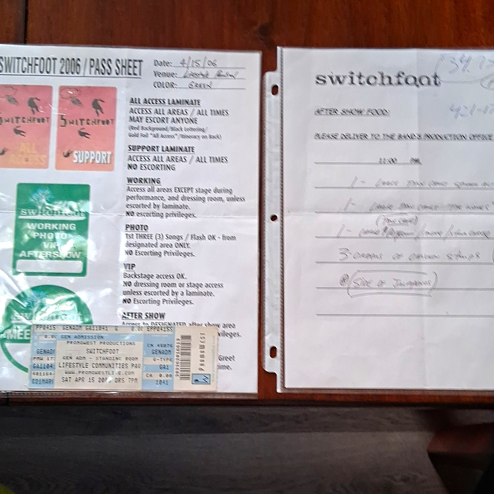 Switchfoot 2006 Pass Sheet & Show Paperwork w/ Ticket Stub + Food Notes
